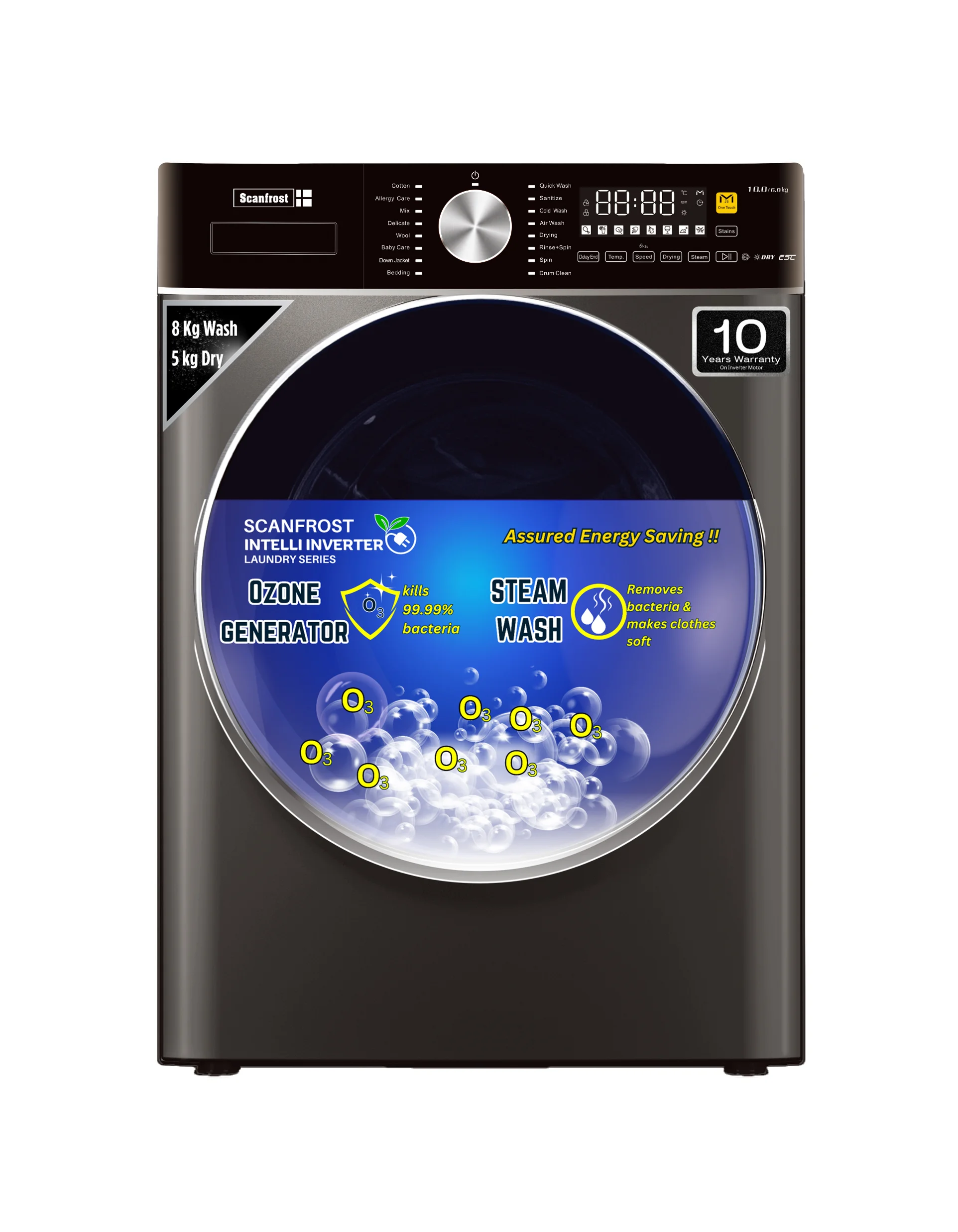Scanfrost Intelli Inverter Series Washer SFWD85INVME 8Kg for washing | 5Kg for drying | Ozone steam technology